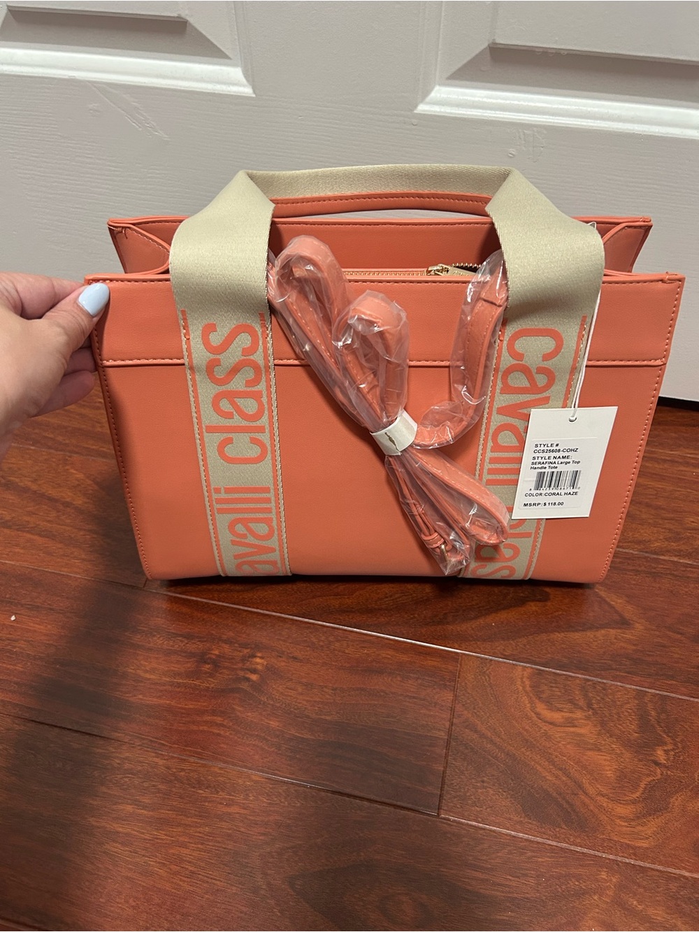 Cavalli Class Coral Tote Bag with Logo Webbing